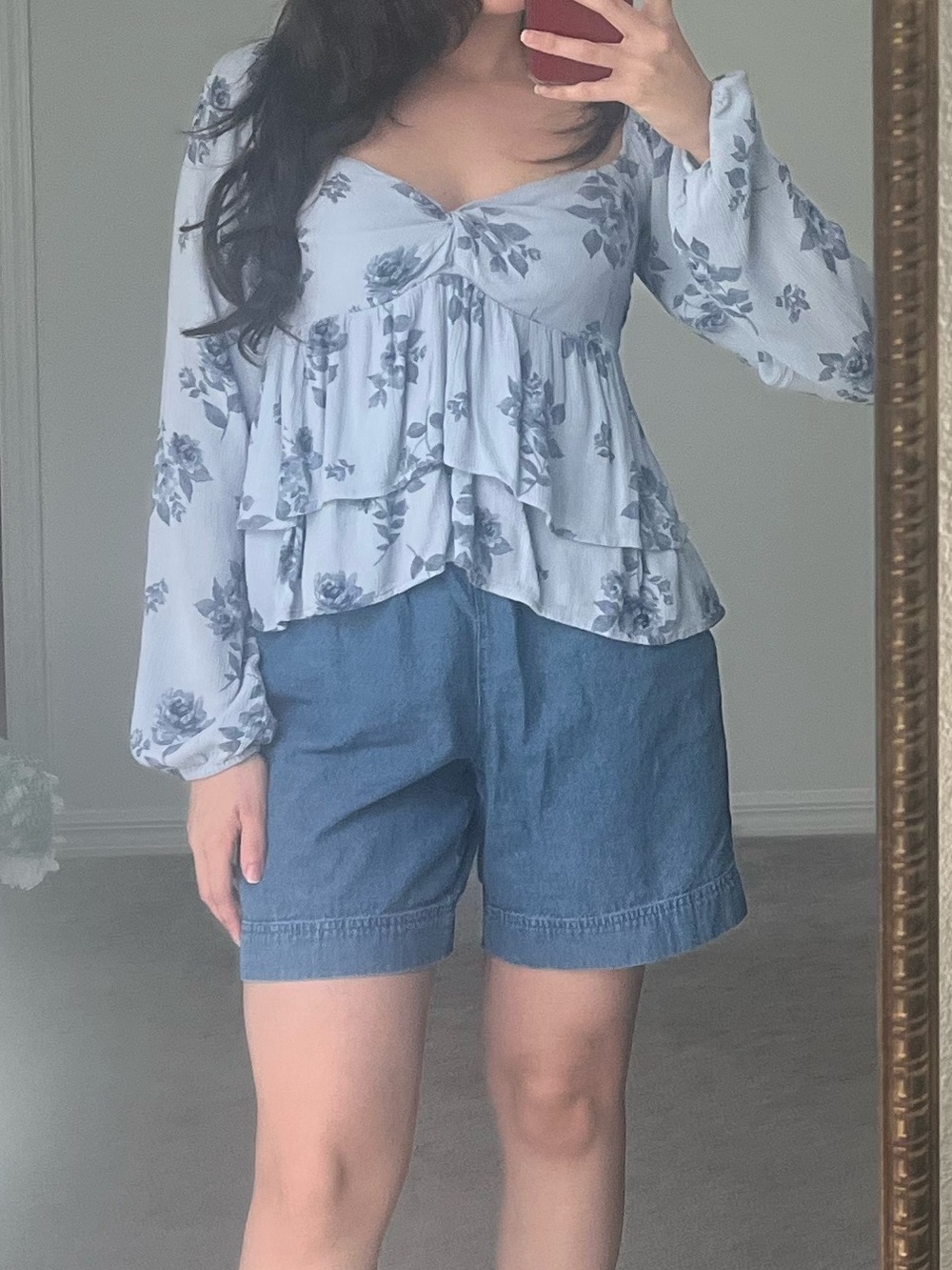 Hollister Light Blue Floral Ruffle Peplum Blouse